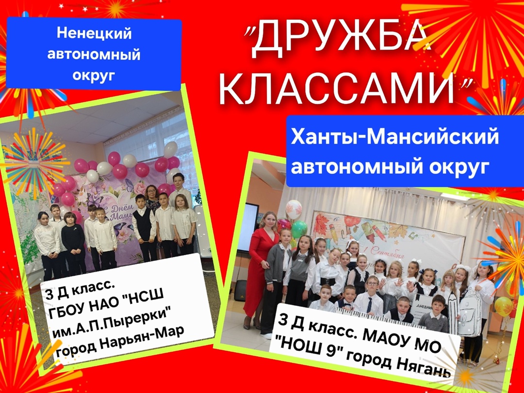 Второй сезон проекта «Дружба между классами» помог 3 «Д» классу ГБОУ НАО «НСШ им. А.П. Пырерки» из города Нарьян-Мара (Ненецкий автономный округ) и их классному руководителю, Каневой Светлане Сергеевне, наладить дружеское общение с 3 «Д» классом.